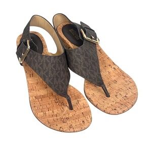 Michael Kors Womens Thong Sandals 9.5M Cork Wedge MK Monogram Brown
